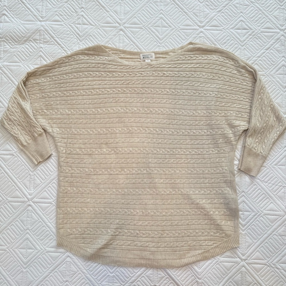 Market & Spruce Beige Cableknit Soft Poly
Cashmere Silk Blend Sweater Size L